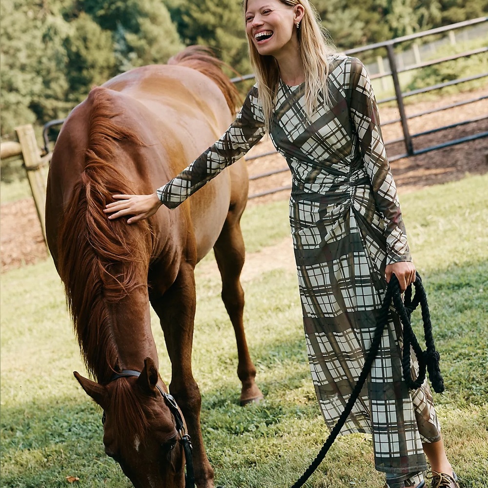 By Anthropologie Long-Sleeve Ruched Mesh Midi Dress — Brown Plaid
